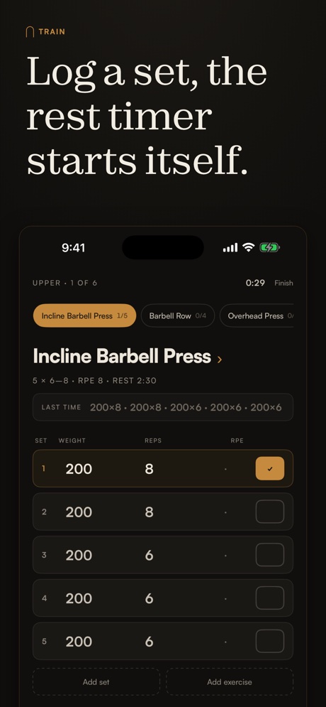 App Store panel: Log a set, the rest timer starts itself.
