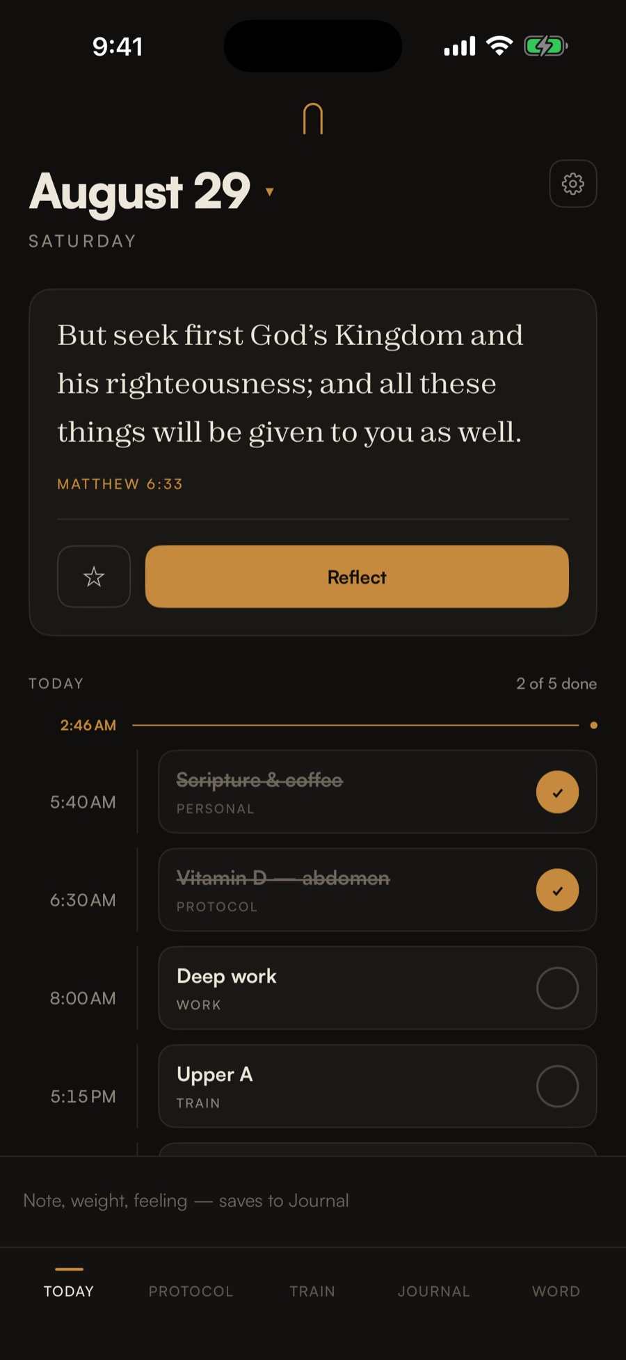 The TEMPLE Today screen showing the day's verse, session and dose on one timeline.
